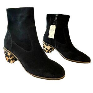 Crevo Black Suede Animal Print Calf Hair Block Heel Ankle Boots Sz 8 NEW